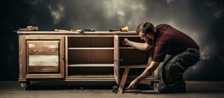 A person assembles furniture using their hands photo