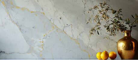 Marble backsplash with gold rim bowl and frame detail photo