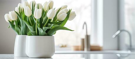 White bathroom with modern vase holding tulips on counter photo