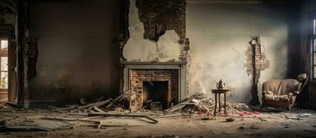 Interior of abandoned old house destroyed photo