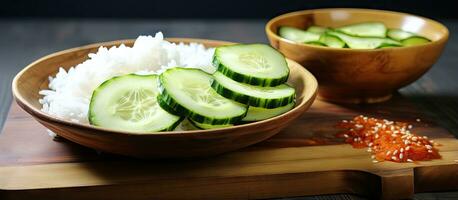 Cucumber slices on chopping block accompanied by rice photo