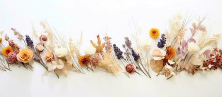 Arrangement of dried flowers against a white wall photo