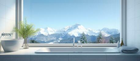 Window view of Swiss Alps mountains in bathroom fragment photo