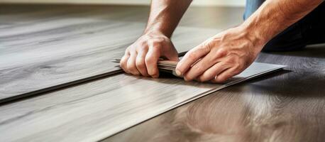 Male hands expertly installing laminate flooring in a close up photo