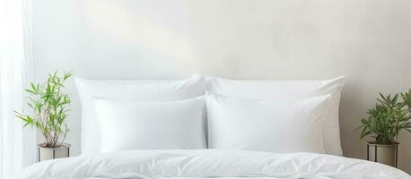 Modern white bed and pillow in the morning ambiance photo