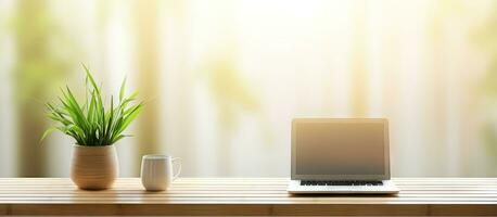 Modern room with desk holding laptop vase of bamboo photo