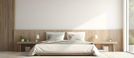 burlarse de arriba de un dormitorio con blanco y vaso paredes de madera piso doble cama y blanco póster en un cabecera mesa foto