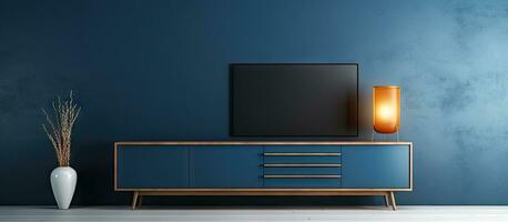 moderno vacío habitación con oscuro azul pared televisión gabinete foto