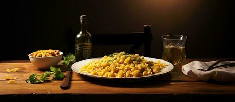 Table with macaroni traditional meal service pot on table photo