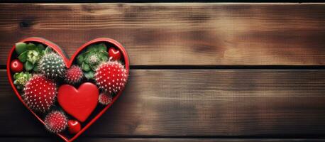Valentine heart adorned with cacti on vintage wood backdrop photo
