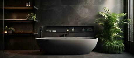 a luxurious dark bathroom with glass bathtub plant and black marble photo