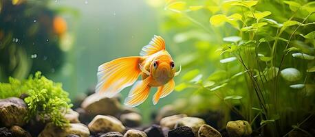 Goldfish swimming among aquatic plants in an aquarium photo