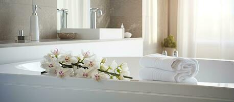 Luxurious bathroom with intimate white bathtub in hotel bedroom adorned with a white towel photo