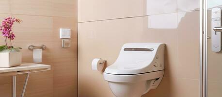 Corner bidet cabin with wall mounted shower attachment including toilet and details photo