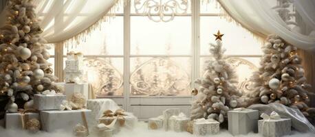 Festive interior adorned with Christmas decorations including a decorated tree and presents with space for writing photo