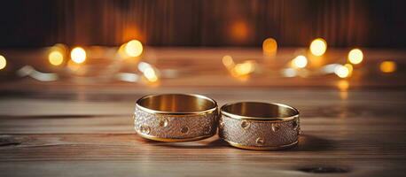 Wedding rings on wooden background Home sign Interior decorations Candle holders Cozy loft style photo