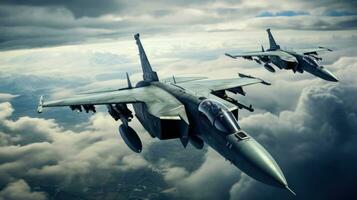 Supersonic Fighter Jets Flying Over Cloudy Landscape AI Generated photo