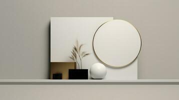 Minimalist Shelf with Canvas and Gold Frame on Gray Wall with Plant Sphere and Frame AI Generated photo