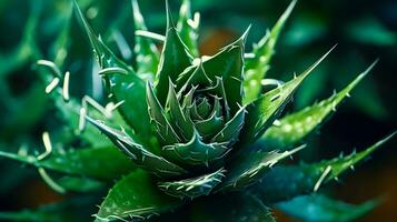 Aloe Vera A Natural Remedy for Skin Problems A Macro Shot of a Green Cactus-Like Plant with Sharp Edges and Gel Inside AI Generative photo