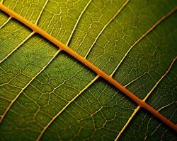 A Leaf Full of Life A Macro Shot of a Green Leaf with a Vein Structure and Spots that Reflect the Light and the Environment AI Generative photo