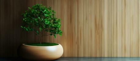 Wooden walled interior with a tiny green tree in a pod offering empty area for text photo