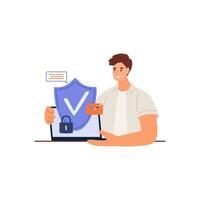 Cyber safety cyber security and privacy concept. Cyber defender and laptop. Vector illustration of Security, Personal Access, User Authorization, Internet and Data Protection, Cybersecurity.