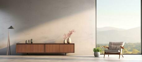 of a contemporary cozy space with armchairs sideboard with artwork and coffee table on a concrete floor Panoramic countryside view from a large window photo