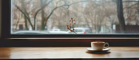 Morning ambiance in a coffee shop or sleek cafe with a window side wooden table photo