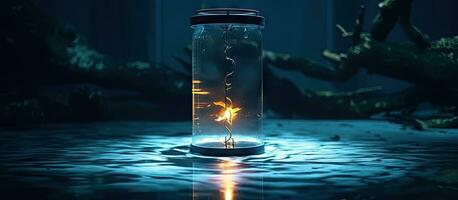 A luminous circle under the water with a lamp behind the filled tank photo