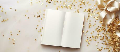 Blogger s Instagram concept featuring a flat lay of a notebook and gold decorations photo