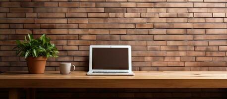 Beautiful interior of a house with a computer on a wooden table and a brick wall background photo