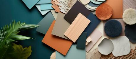 Top view composition of interior design material samples on a colored background photo