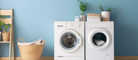 Interior of laundry room with contemporary washing machine Design space included photo