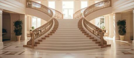 California 4 May 2021 Elegant illuminated stairway in spacious mansion with modern design Stylish railing and bright elements create a luxurious interior photo