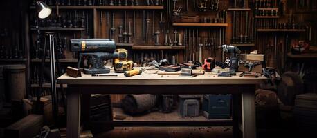 Interior of a workshop with a drill on a desk photo