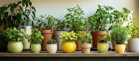 Indoor gardening during spring with decorative plants caring for them including a pot of fresh thyme photo