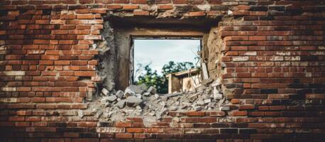 A damaged window amidst bricks photo