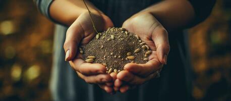 Woman planting seeds up close photo