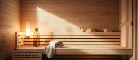 Close up view of an infrared sauna with wooden walls bench and ceramic heaters emphasizing a healthy lifestyle photo