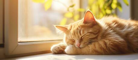 Cat sleeping on windowsill with soft pastel sunlight photo