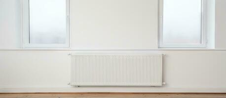 Window and radiator made of plastic in empty room at home with white walls photo