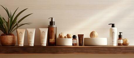 Cosmetic products arranged on a bathroom shelf Various creams toner and gel photo