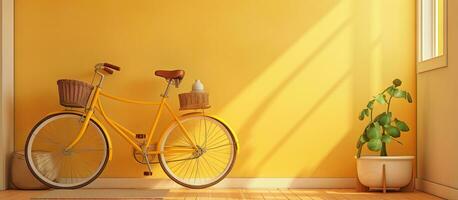 amarillo luz de sol filtros dentro el interior dónde un rápido bicicleta descansa en el aterrizaje foto