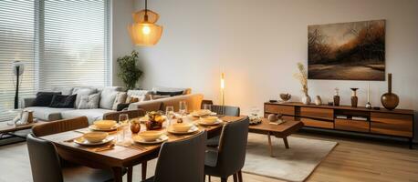 Brightly illuminated dining area and adjoining living space adorned with ample decorations photo