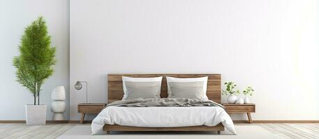 Empty Frame on Wall in Modern Bedroom with White Planks Floor is Ideal for Art or Print Mockups photo