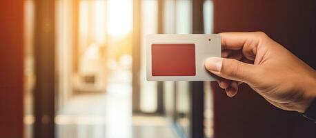 Selective focused close up of hand holding key card for keyless access to hotel apartment or condominium photo