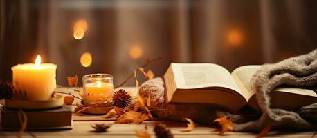 Cozy concept for autumn or winter with books candles and relaxation photo