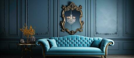 Room with blue sofa and old mirror photo