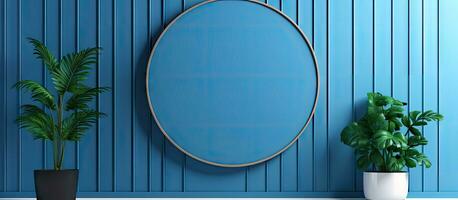 a room with blue wooden wall paneling circle decoration plant and lamp photo