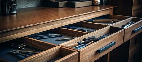 The office tools on the wood shelf in the room photo